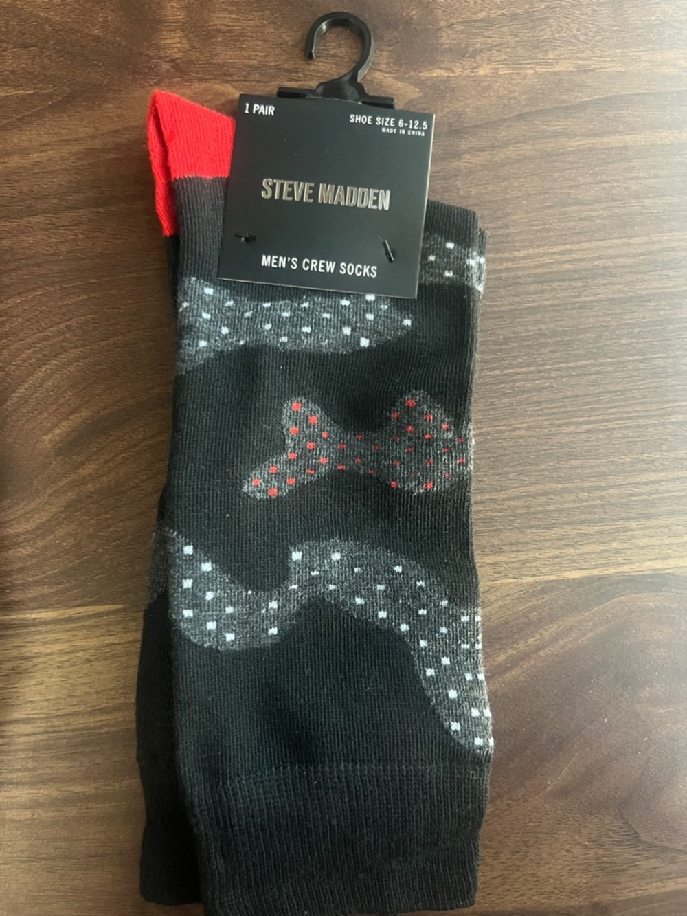 Steve Madden Black Crew Socks with Red Cuff and Gray Pattern